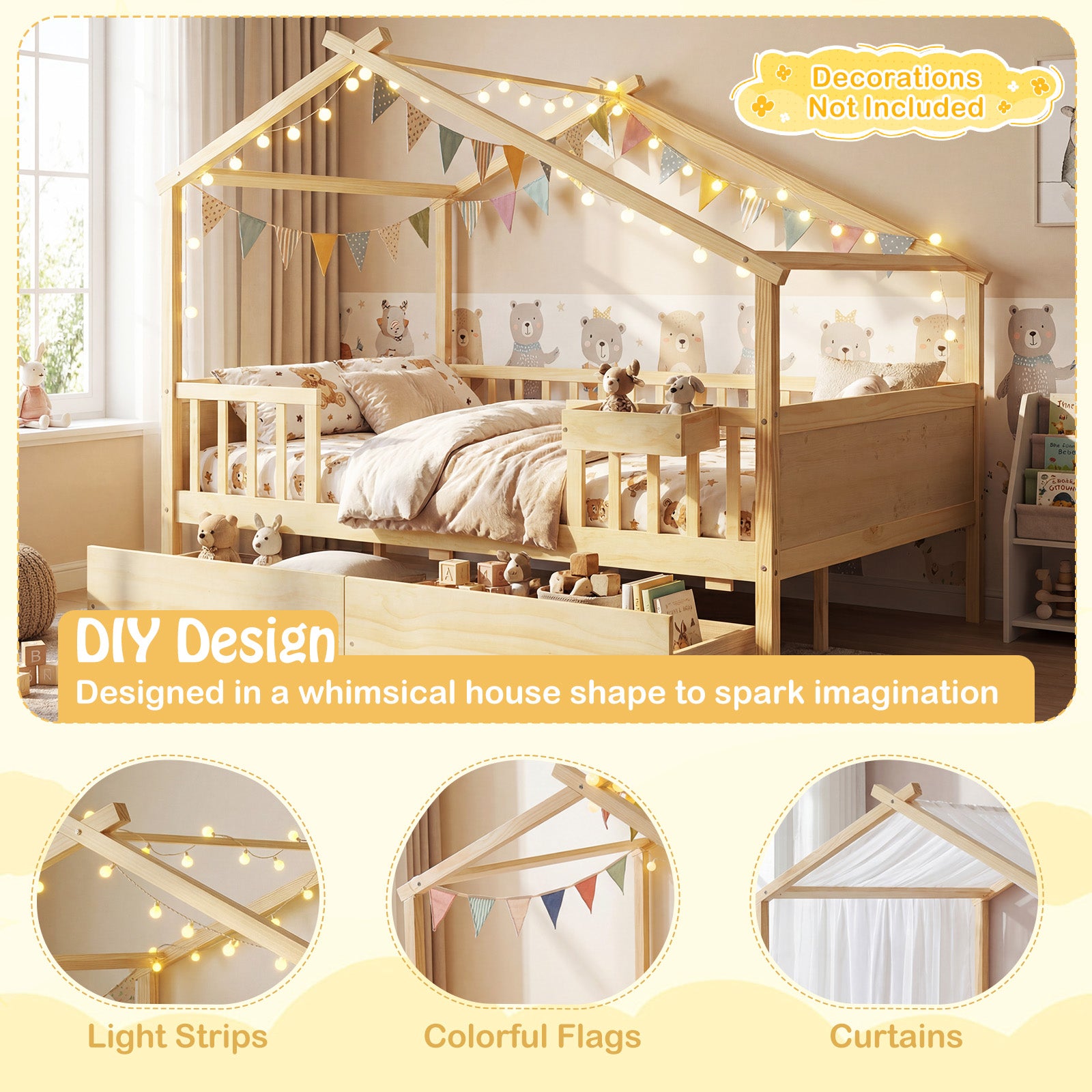 Full Size House Bed with Roof and Fence Rails for Kid-Natural
