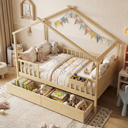 Full Size House Bed with Roof and Fence Rails for Kid-Natural
