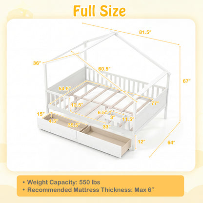 Full Size House Bed with Roof and Fence Rails for Kid-White