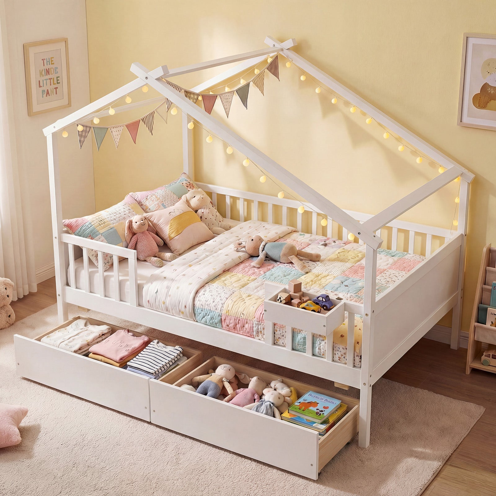 Full Size House Bed with Roof and Fence Rails for Kid-White