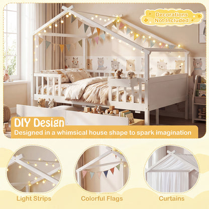Full Size House Bed with Roof and Fence Rails for Kid-White