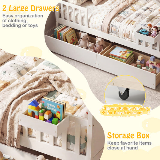 Full Size House Bed with Roof and Fence Rails for Kid-White