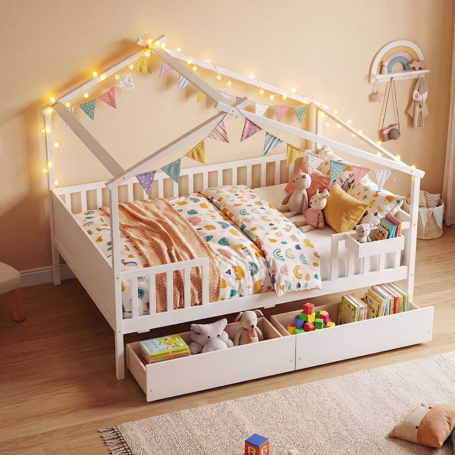 Full Size House Bed with Roof and Fence Rails for Kid-White