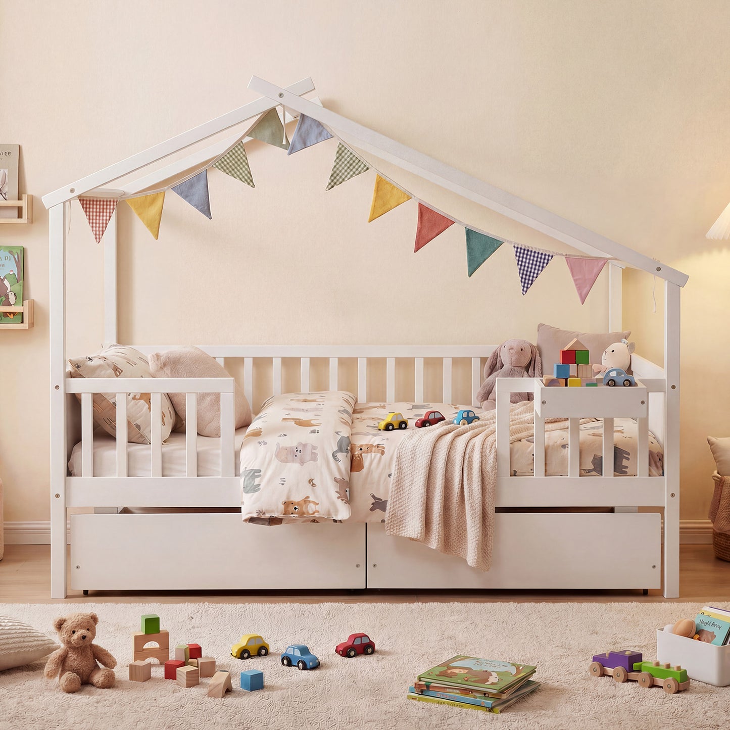 Full Size House Bed with Roof and Fence Rails for Kid-White