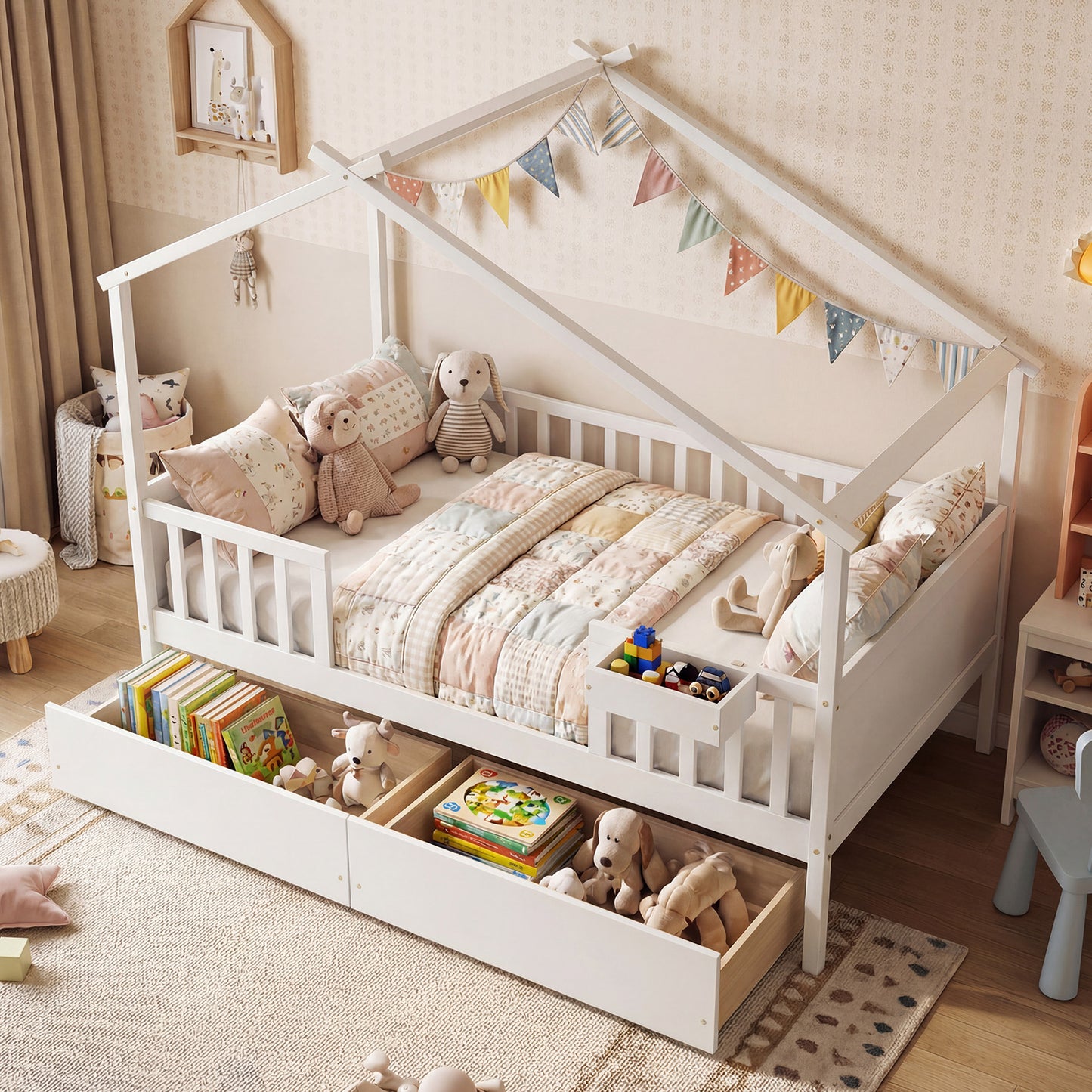 Full Size House Bed with Roof and Fence Rails for Kid-White