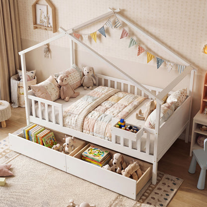 Full Size House Bed with Roof and Fence Rails for Kid-White