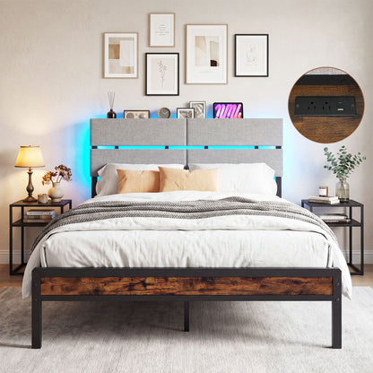Full Size Metal Bed Frame with LED Lights & Charging Station