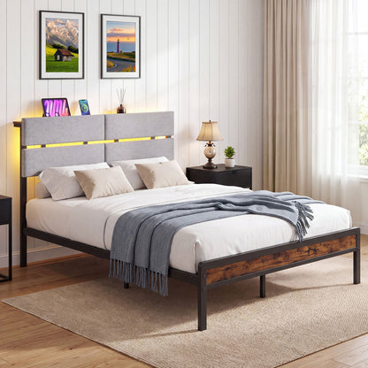 Full Size Metal Bed Frame with LED Lights & Charging Station