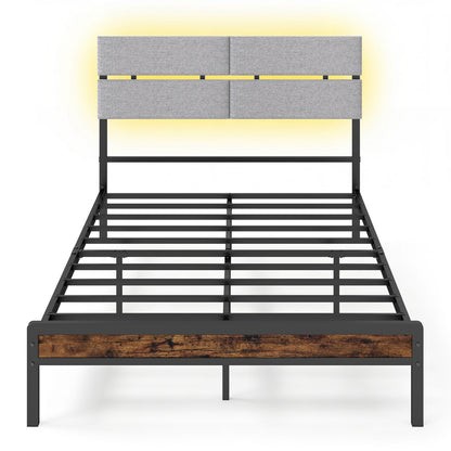 Full Size Metal Bed Frame with LED Lights & Charging Station