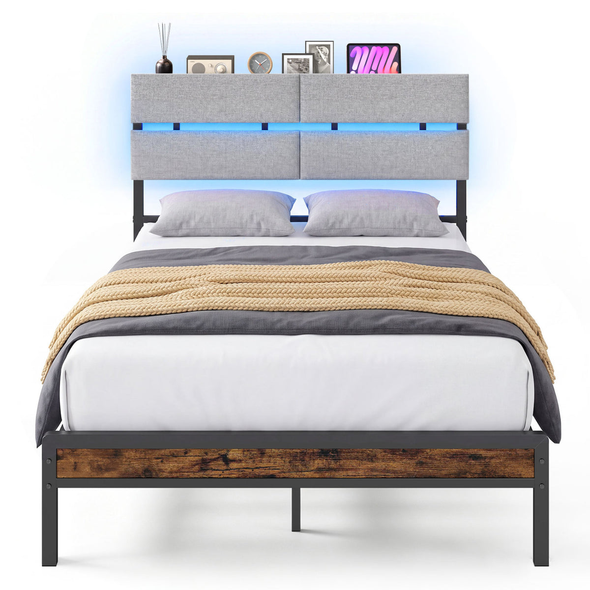 Full Size Metal Bed Frame with LED Lights & Charging Station