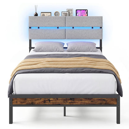 Full Size Metal Bed Frame with LED Lights & Charging Station