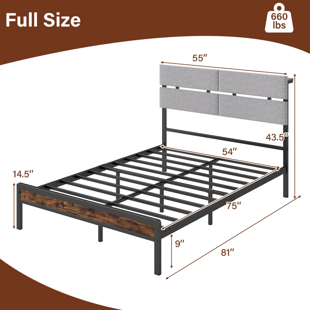 Full Size Metal Bed Frame with LED Lights & Charging Station