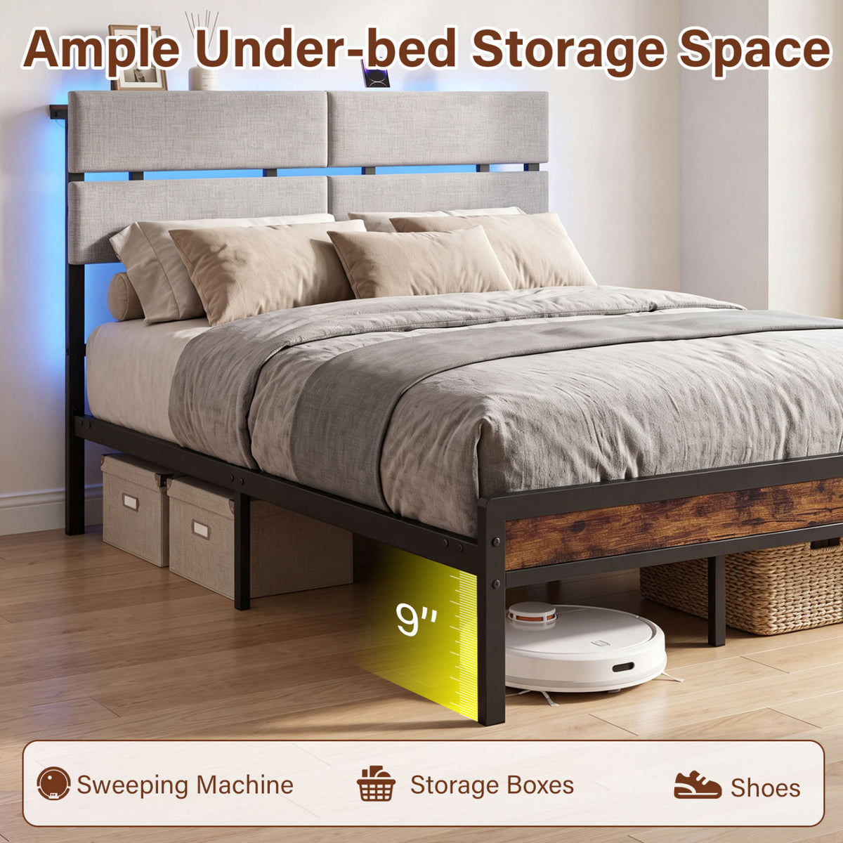Full Size Metal Bed Frame with LED Lights & Charging Station