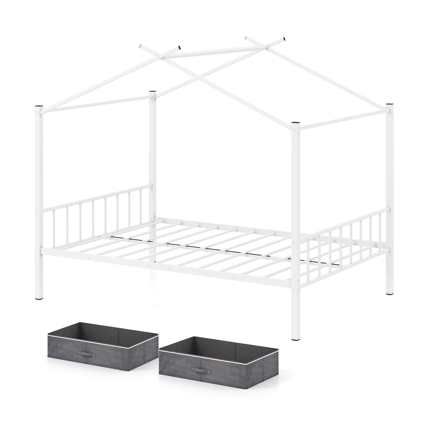 Full Size Metal House Bed with 2 Fabric Drawers for Kids-White - White