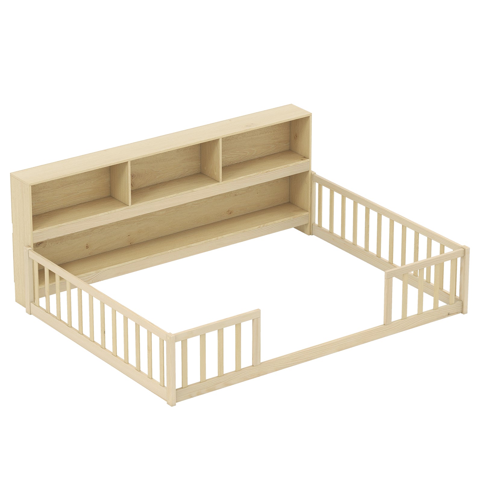 Full Size Montessori Floor Bed with Bookcase-Natural - Natural
