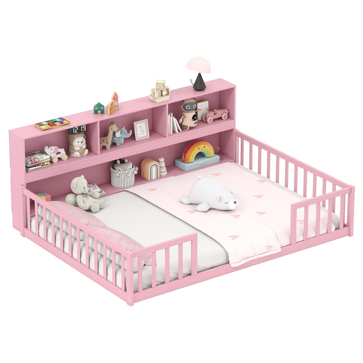Full Size Montessori Floor Bed with Bookcase-Natural - Pink