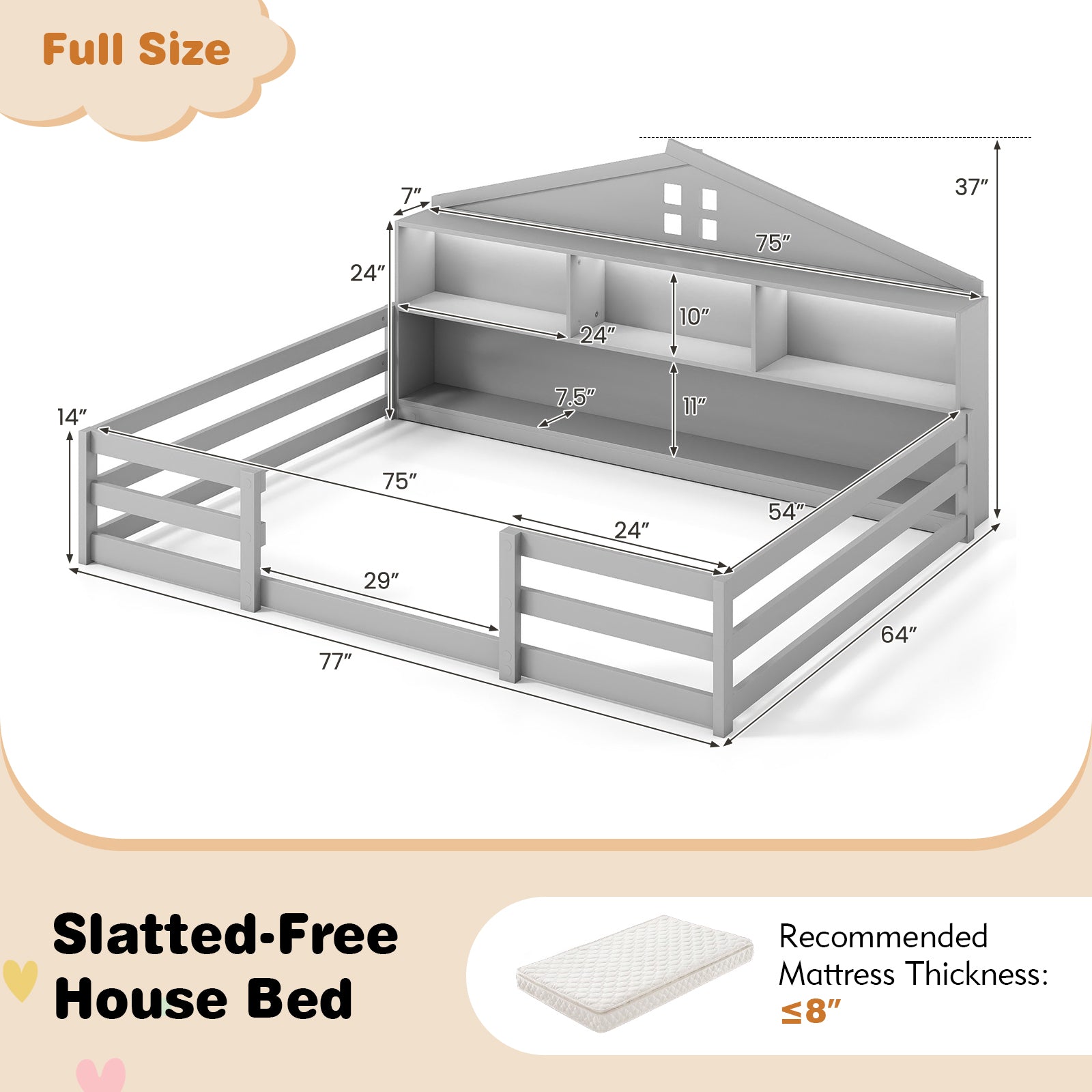 Full Size Montessori Floor Bed with Storage Compartments and Shelf-Gray