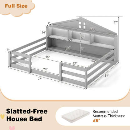 Full Size Montessori Floor Bed with Storage Compartments and Shelf-Gray