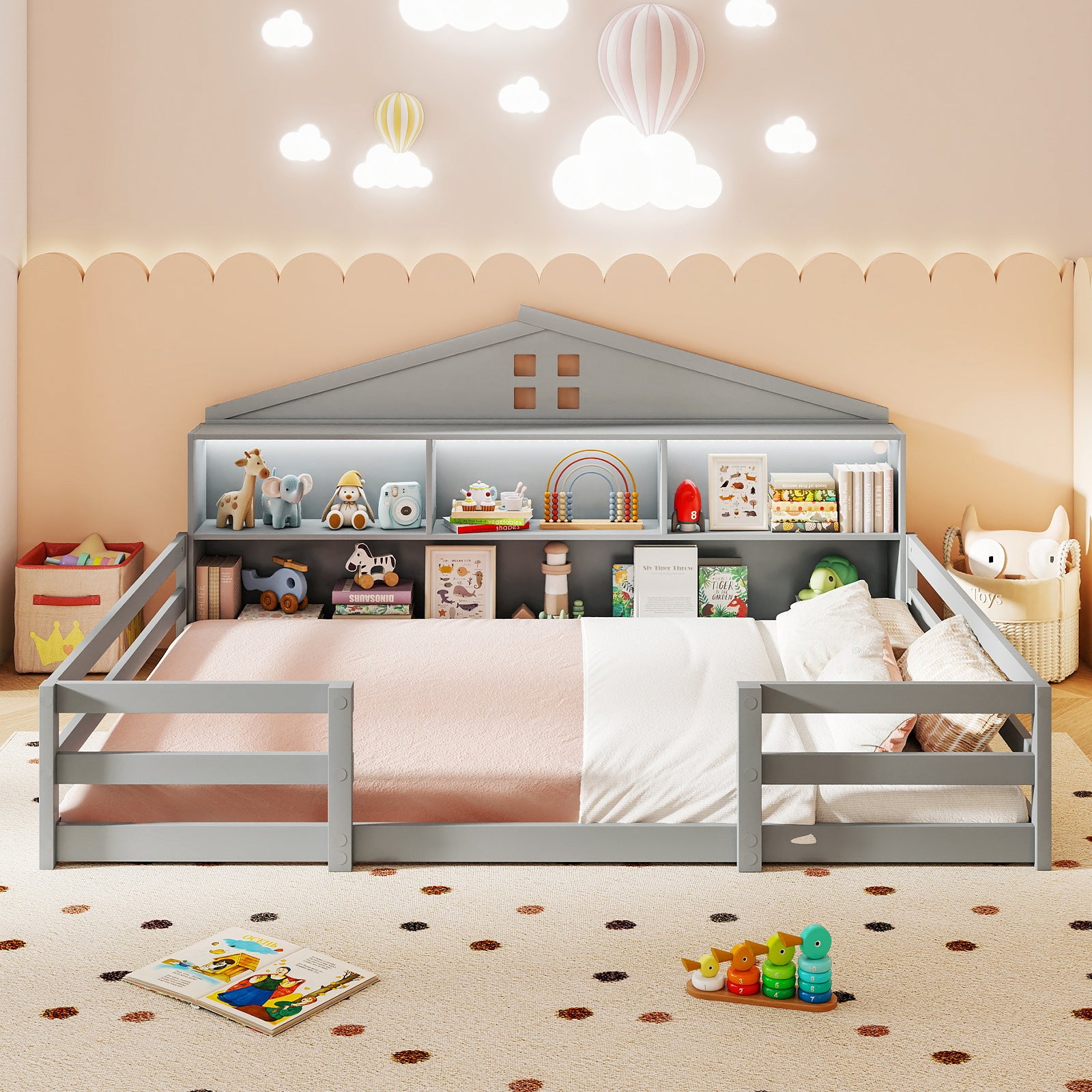 Full Size Montessori Floor Bed with Storage Compartments and Shelf-Gray