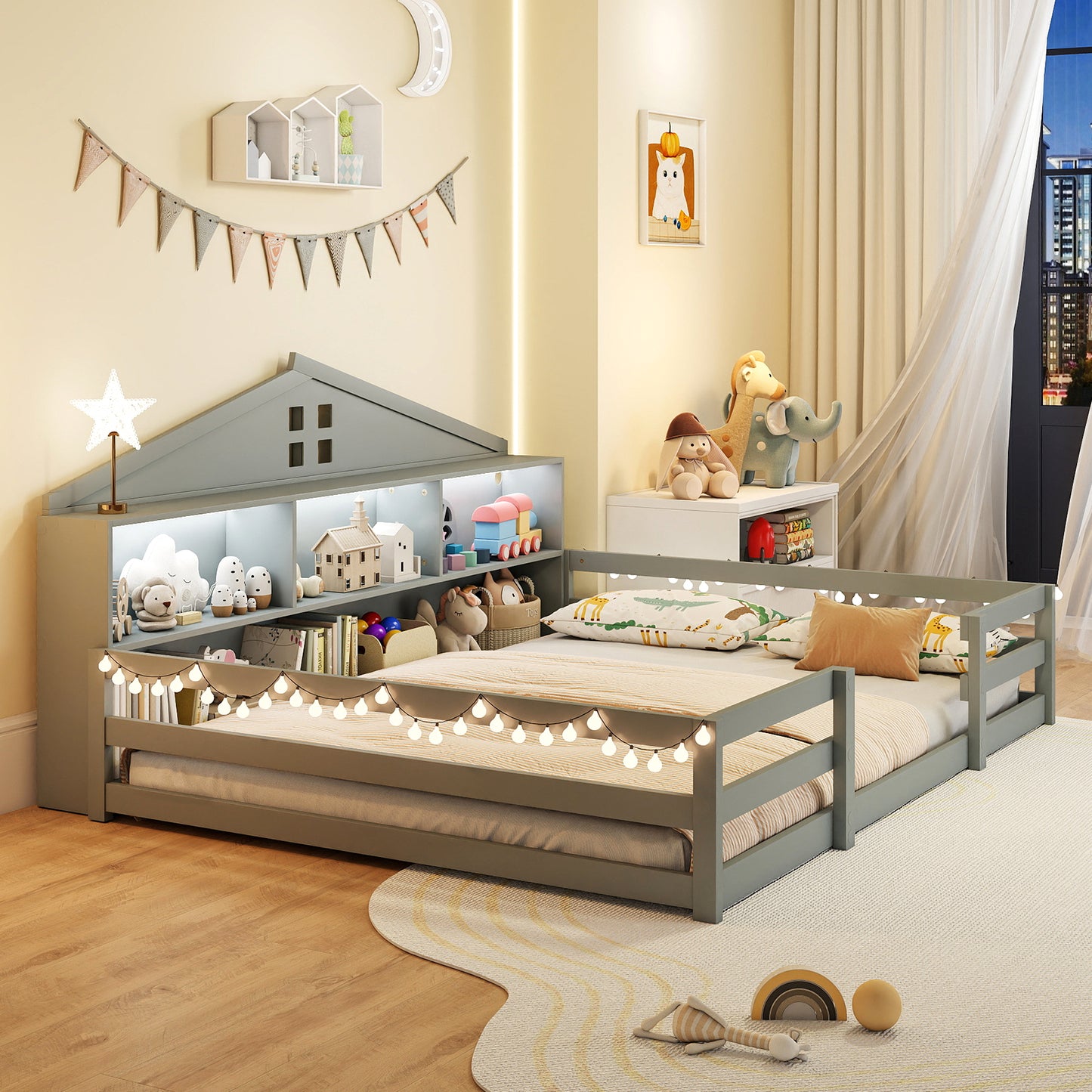 Full Size Montessori Floor Bed with Storage Compartments and Shelf-Gray