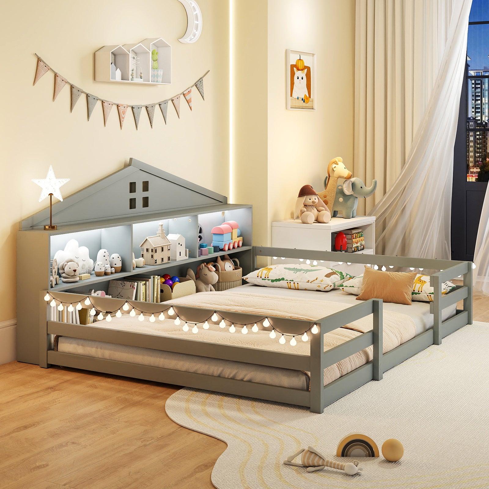 Full Size Montessori Floor Bed with Storage Compartments and Shelf-Gray