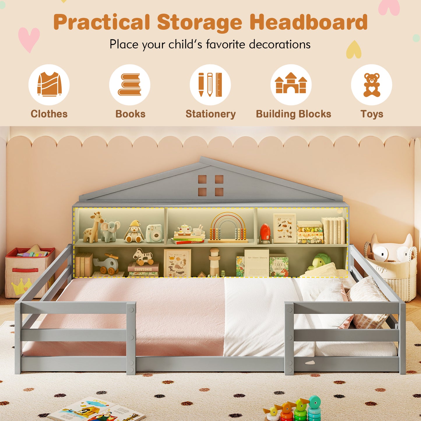 Full Size Montessori Floor Bed with Storage Compartments and Shelf-Gray