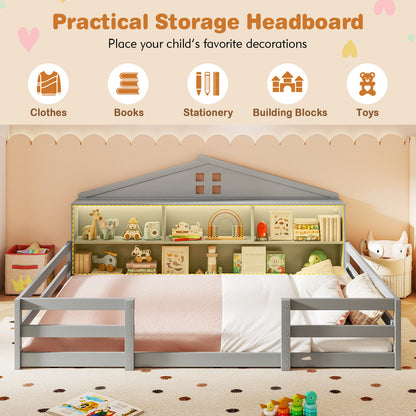 Full Size Montessori Floor Bed with Storage Compartments and Shelf-Gray