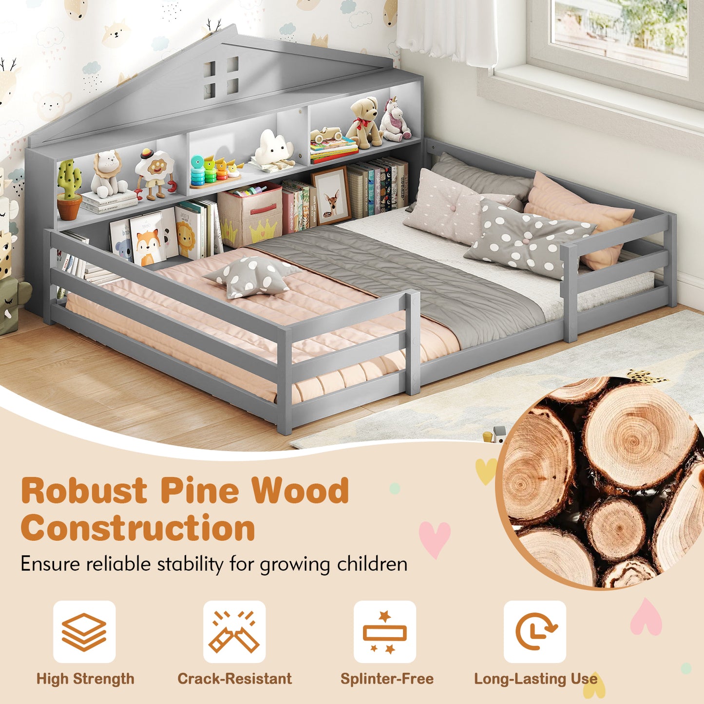 Full Size Montessori Floor Bed with Storage Compartments and Shelf-Gray