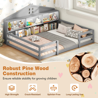 Full Size Montessori Floor Bed with Storage Compartments and Shelf-Gray