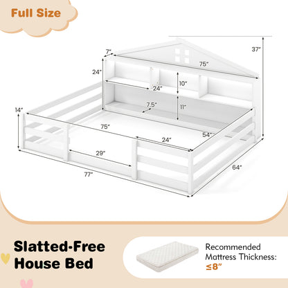Full Size Montessori Floor Bed with Storage Compartments and Shelf-White