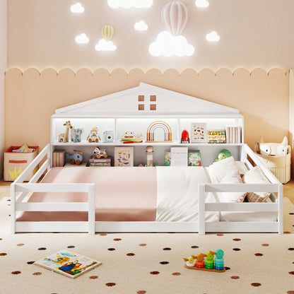 Full Size Montessori Floor Bed with Storage Compartments and Shelf-White