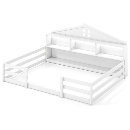 Full Size Montessori Floor Bed with Storage Compartments and Shelf-White
