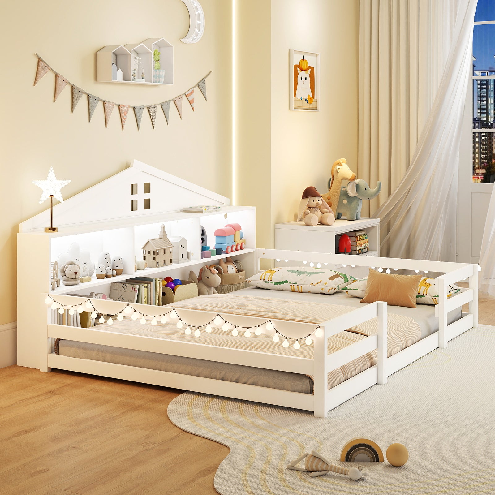 Full Size Montessori Floor Bed with Storage Compartments and Shelf-White
