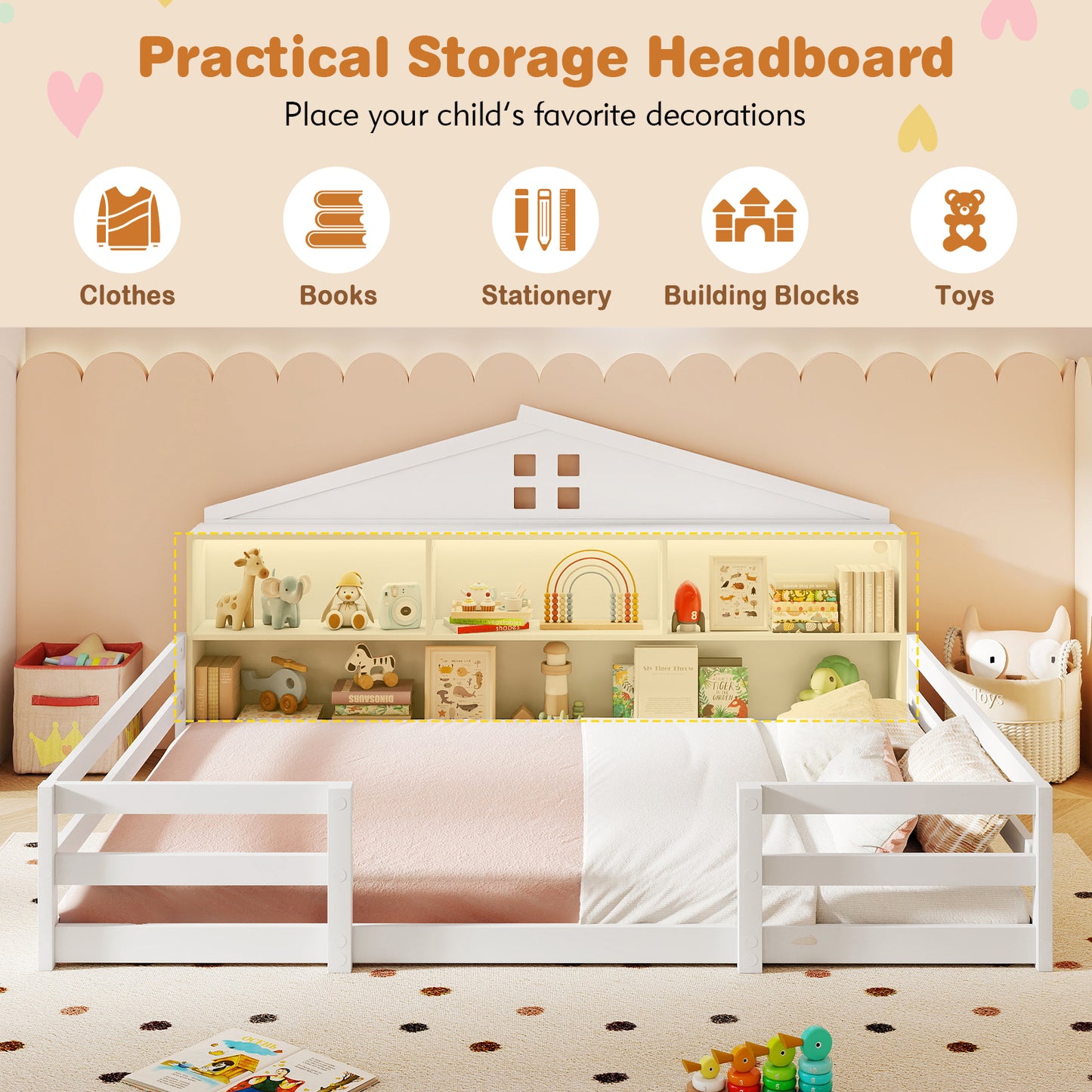 Full Size Montessori Floor Bed with Storage Compartments and Shelf-White