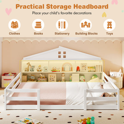 Full Size Montessori Floor Bed with Storage Compartments and Shelf-White