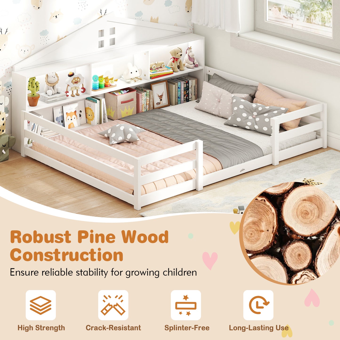 Full Size Montessori Floor Bed with Storage Compartments and Shelf-White