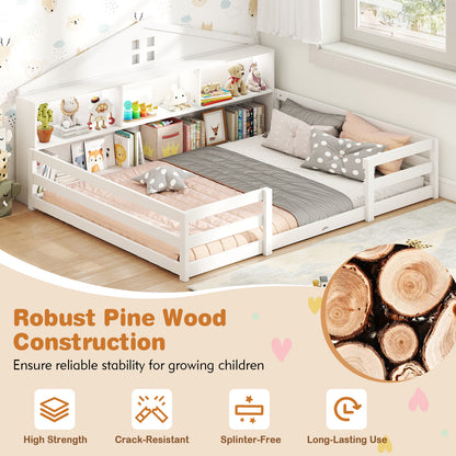 Full Size Montessori Floor Bed with Storage Compartments and Shelf-White