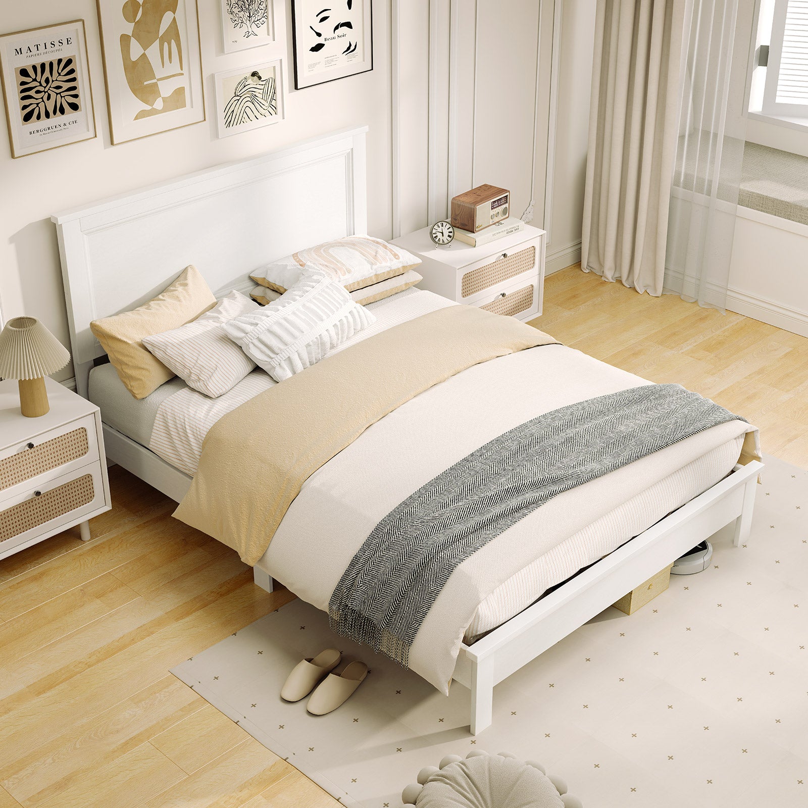 Full Size Platform Slat Bed Frame with High Headboard-White