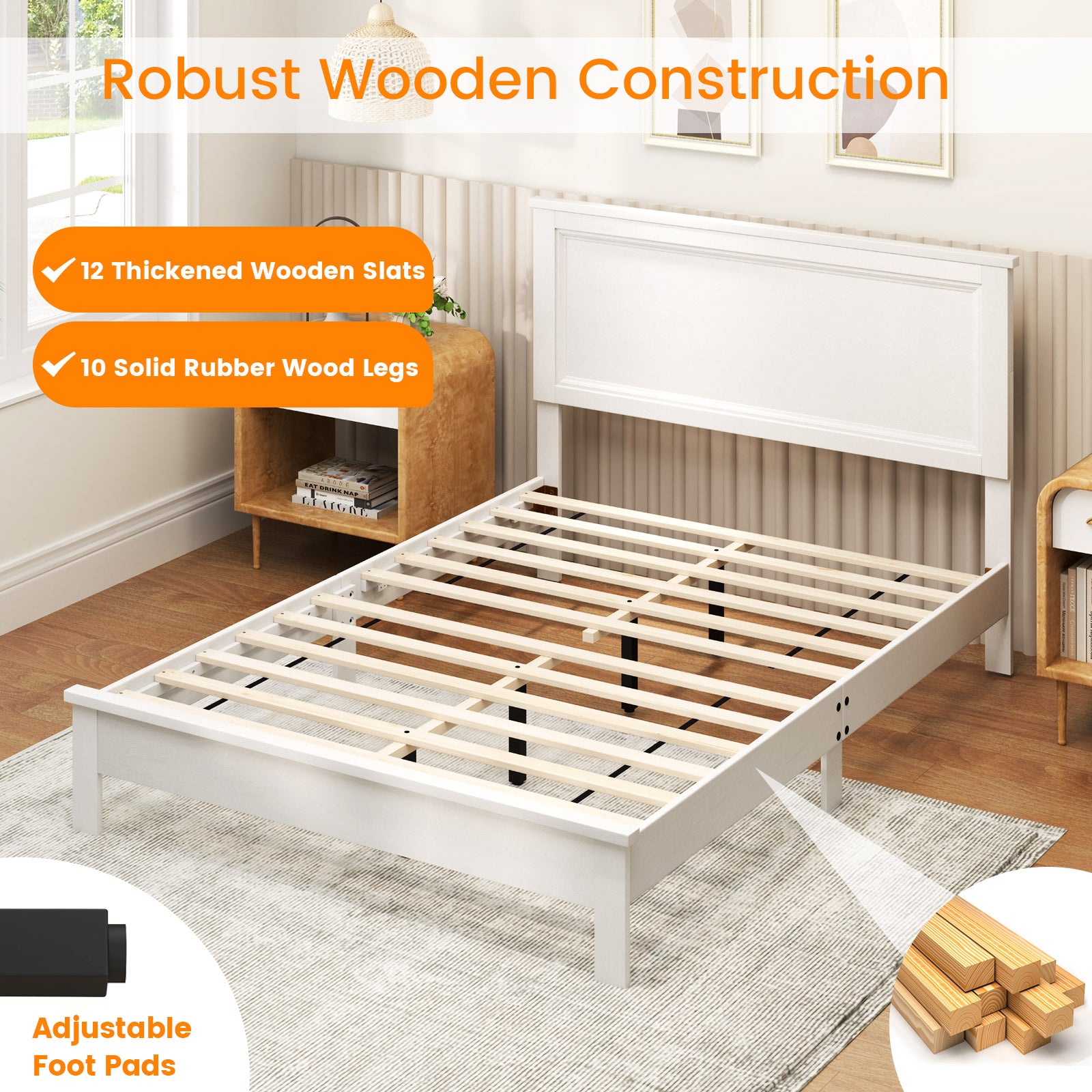 Full Size Platform Slat Bed Frame with High Headboard-White