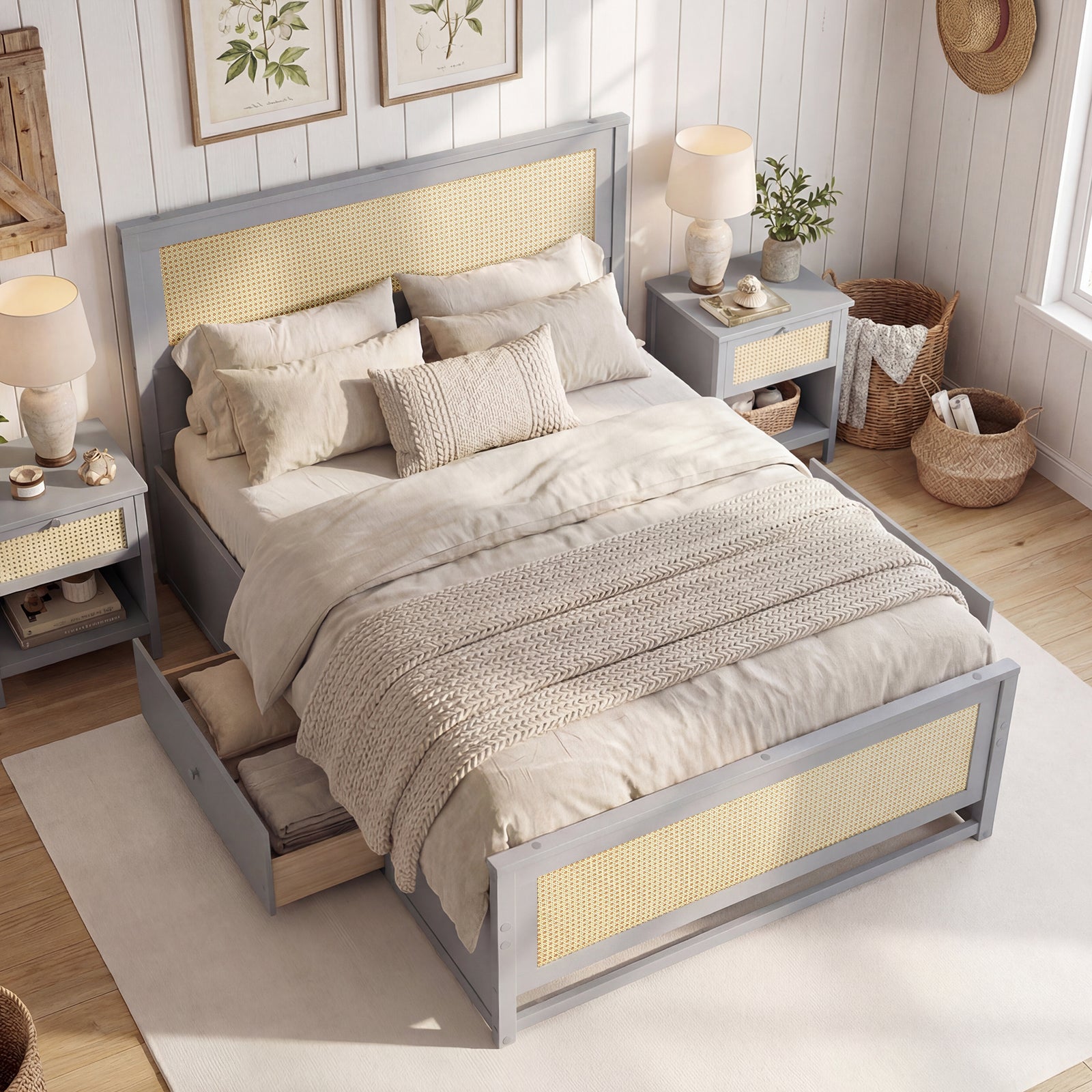 Full Size Rattan Bed Frame with Storage Drawers-Gray