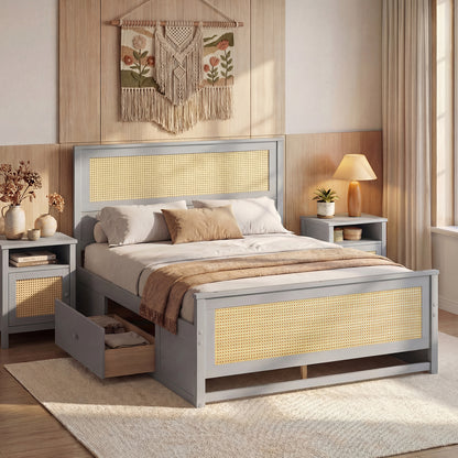 Full Size Rattan Bed Frame with Storage Drawers-Gray