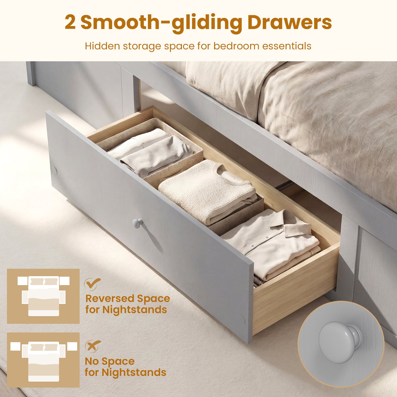 Full Size Rattan Bed Frame with Storage Drawers-Gray