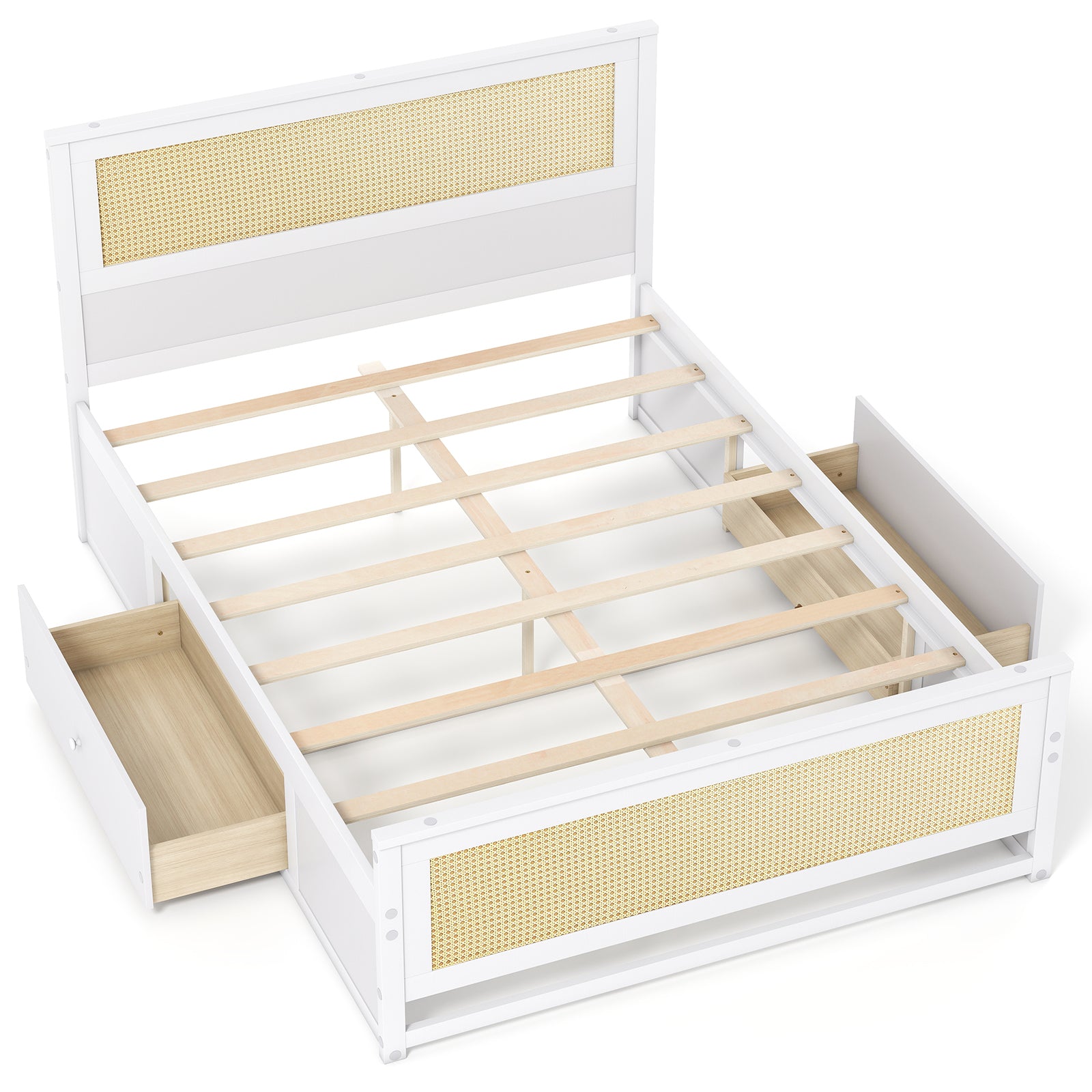Full Size Rattan Bed Frame with Storage Drawers-White