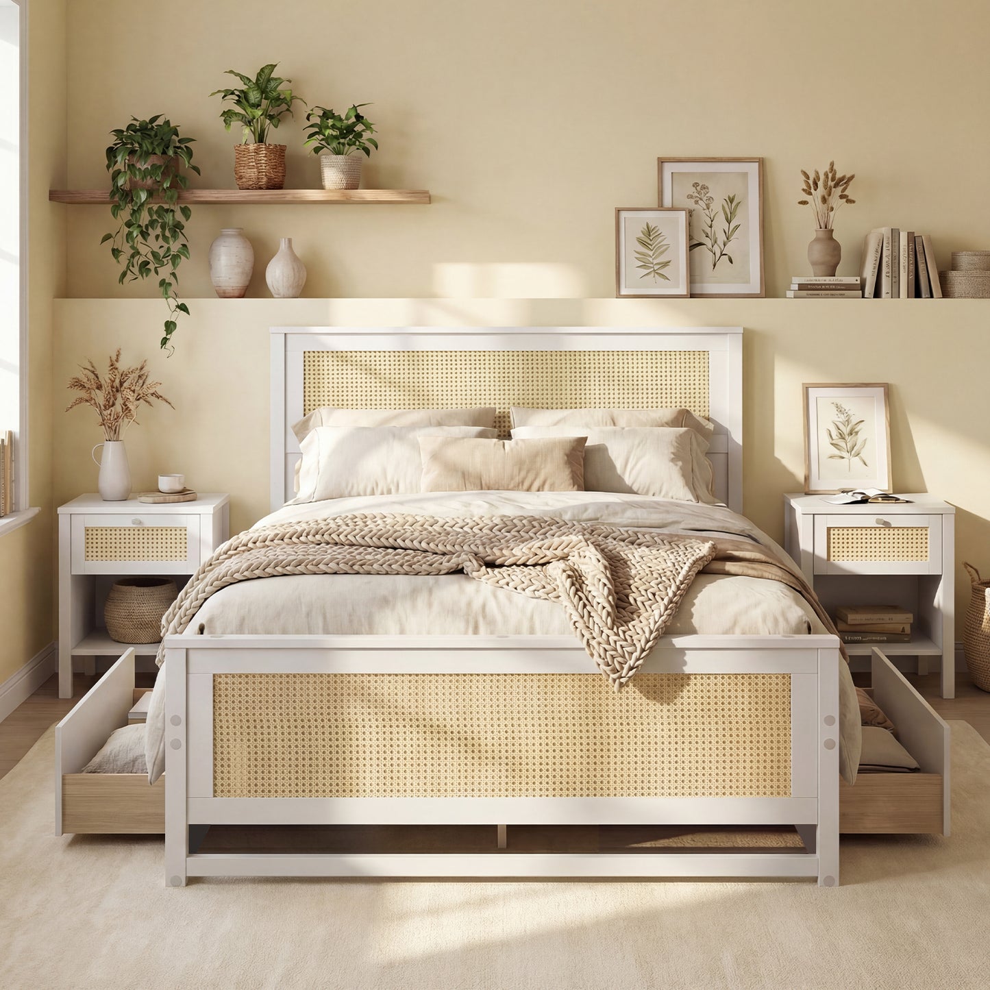Full Size Rattan Bed Frame with Storage Drawers-White