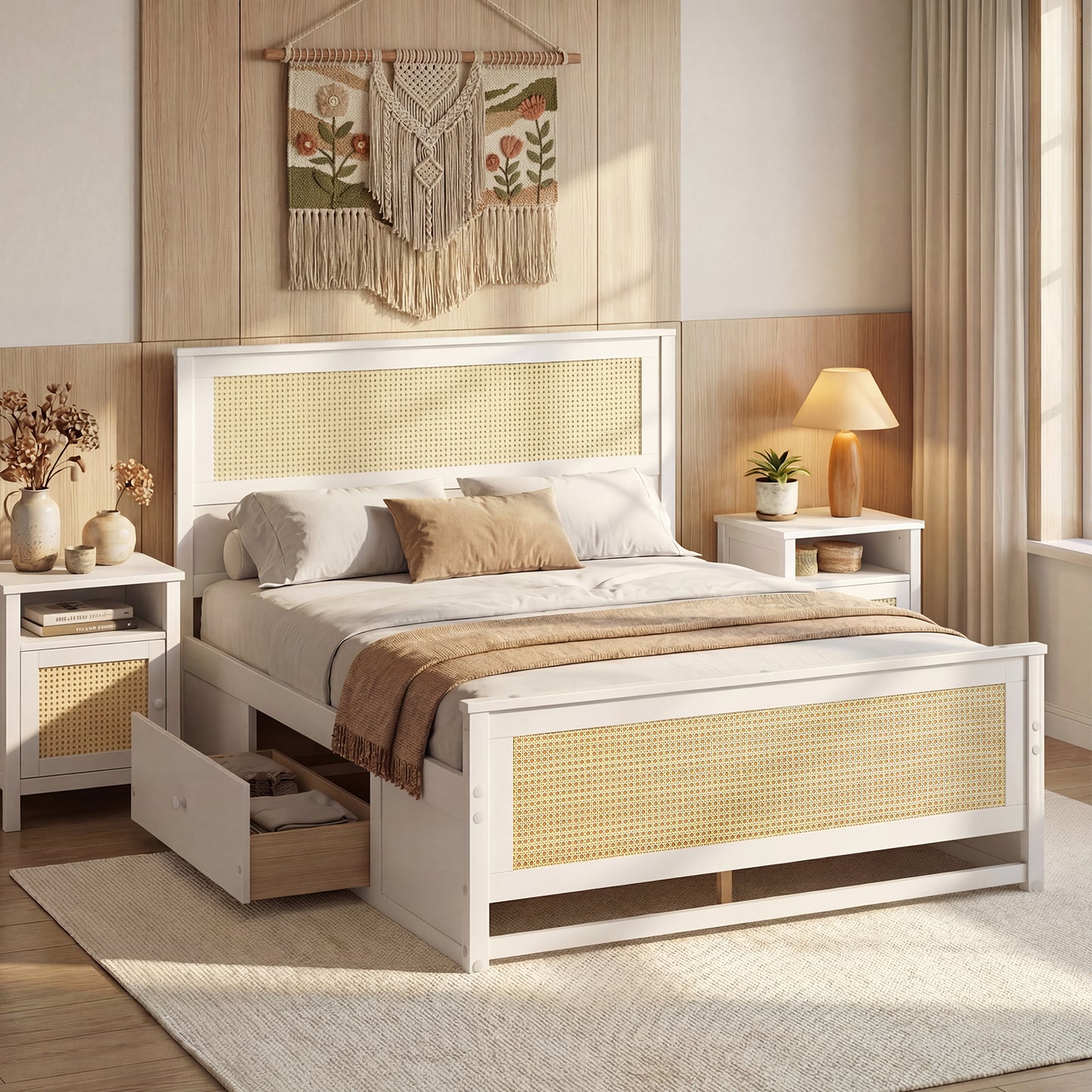 Full Size Rattan Bed Frame with Storage Drawers-White