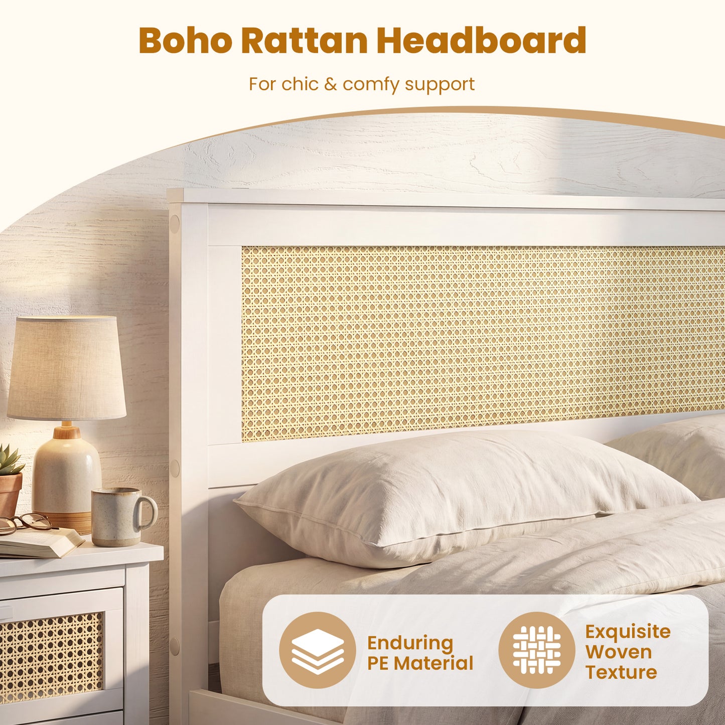 Full Size Rattan Bed Frame with Storage Drawers-White