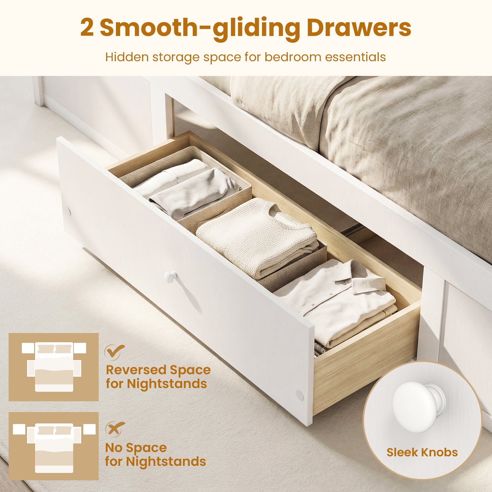 Full Size Rattan Bed Frame with Storage Drawers-White