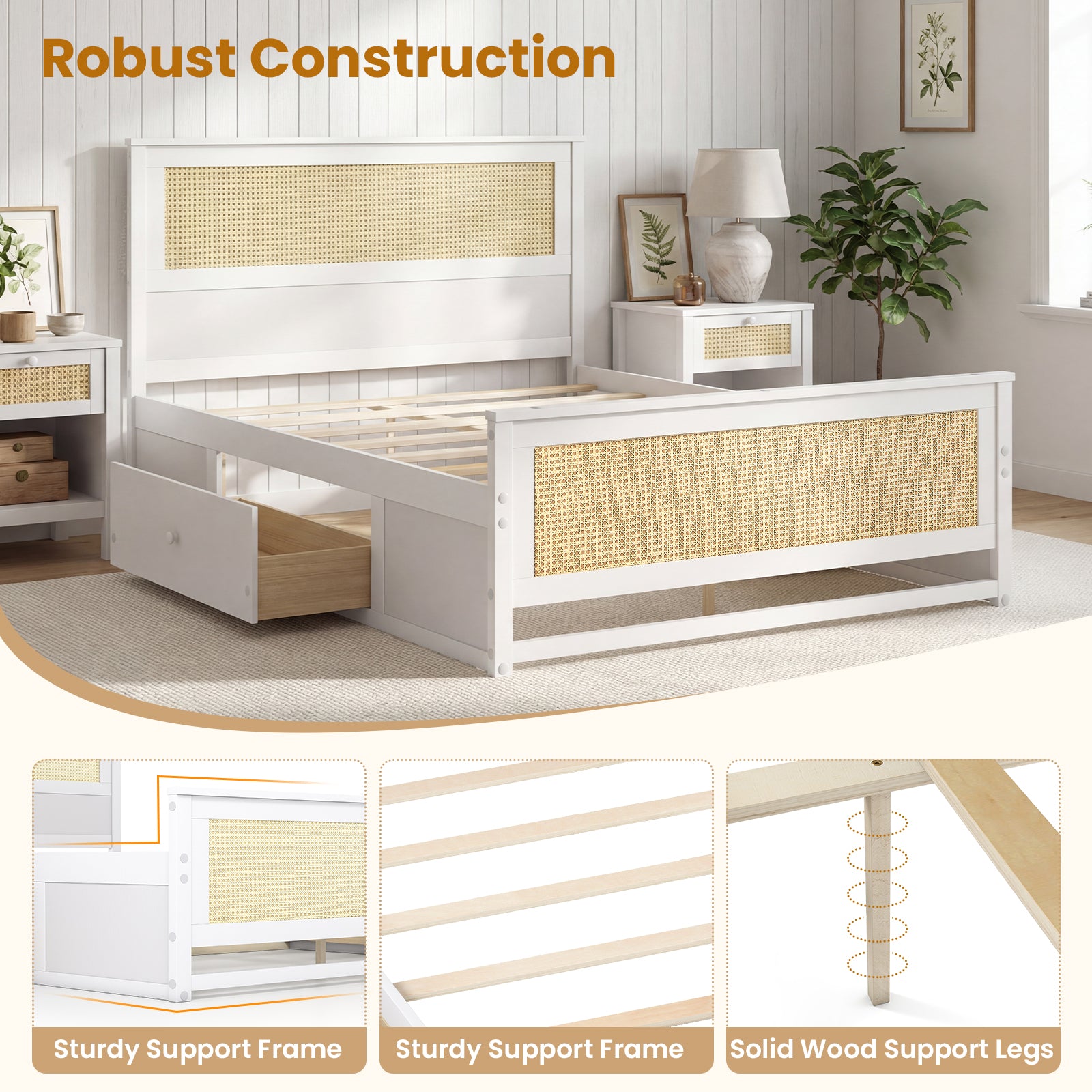 Full Size Rattan Bed Frame with Storage Drawers-White