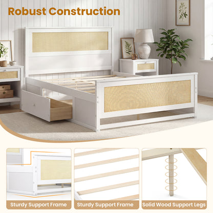 Full Size Rattan Bed Frame with Storage Drawers-White
