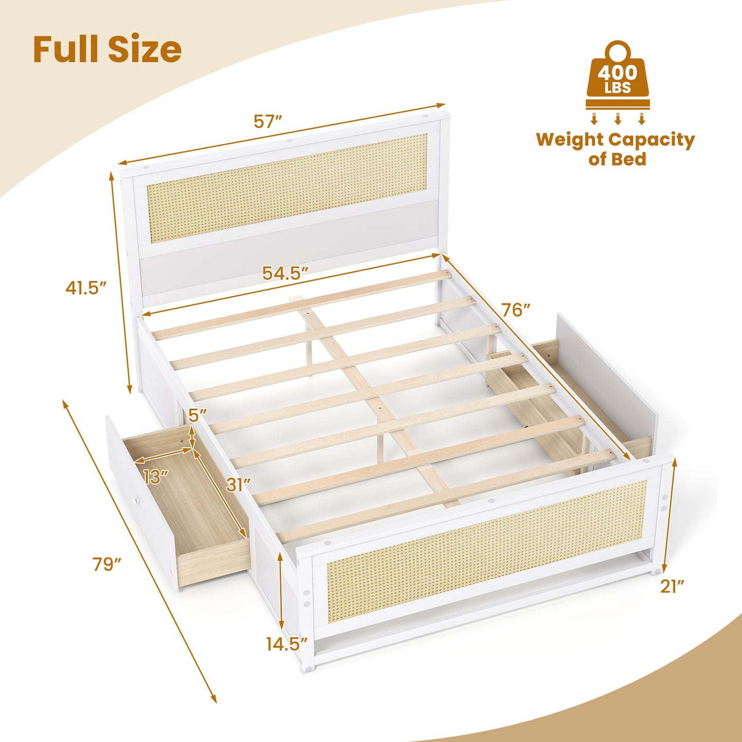 Full Size Rattan Bed Frame with Storage Drawers-White